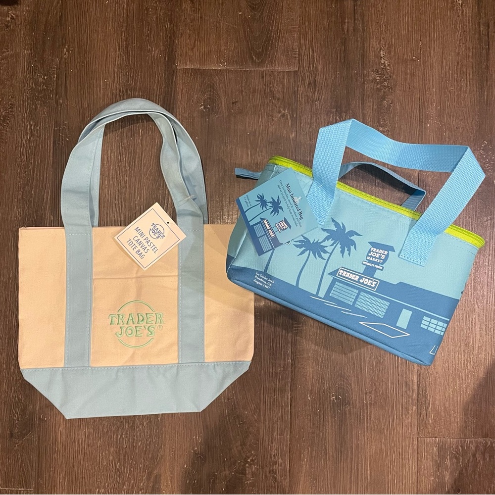 Trader Joe's Mini Insulated Lunch Bag  and Mini Canvas Tote in Pastel Blue NWT